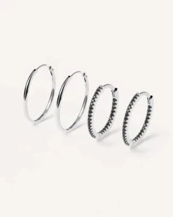 Black Medium Silver Hoops Bundle