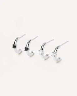 White&Black Solitary Silver Earrings Bundle